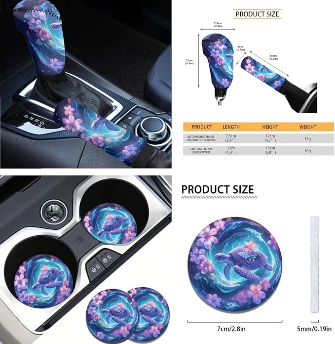 AFPANQZ Turtle Galaxy Flower Car Front Seat & Rear Bench Covers + Steering Wheel Cover 15" + Gear Shift Knob Cover + Car Handbrake Cover + Seat Belt Shoulder Pads + Car Coaster Set of 11