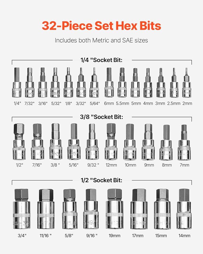 VEVOR Hex Bit Socket Set, 32-Piece, S2 Alloy Steel and Cr-V Steel, Standard SAE and Metric, 1/4 in, 3/8 in, and 1/2 in Drives, with Enhanced Storage Case, Allen Socket Set for Mechanics, Auto Repair