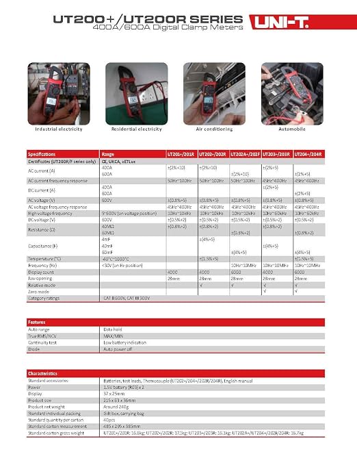 UNI-T Uni-Trend Multimeter clamp Meter UT201R/UT202R/UT203R/UT204R/UT202F AC/DC 400/600A Digital Ammeter clamp Meter DC AC for Measuring Ammeter Voltmeter Ohm Tester(UT201R)
