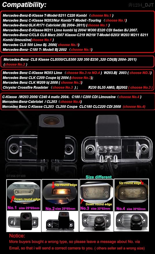 HD 170° Reversing Vehicle Plate Light License Rear View Backup Camera Compatible with Mercedes-Benz C-Klasse W203/C240/C180/C200 CDI Limousine/Cabriolet/CL203/CL203 CL200 Coupe CLC180 CLC220 CDI