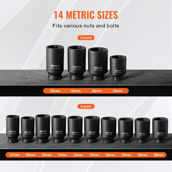 VEVOR Axle Nut Impact Socket Set - 1/2" Drive Deep 6+12-Point 14-Piece Metric Spindle Nut Socket CR-V Heat Treated Large Socket Set with Storage Case for Auto Repair, Removing or Installing Axle Nuts