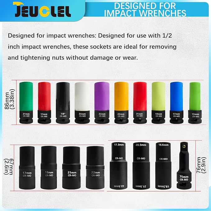 18PCS 1/2" Drive Lug Nut Socket Set, Thin Wall Lug Nut Sockets with Colored Protective Covers, 6 Point & 12 Point Twist Double Ended Twist Socket Set, Flower Head, Impact Extension Bar