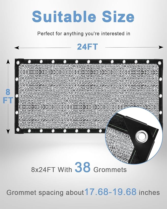 vensovo 85% Aluminum Shade Cloth - Reflective Aluminium Shade Netting Sun Shade Cover with Grommets for Cars, Dogs, Outdoor, RV, Patio (8x24FT)