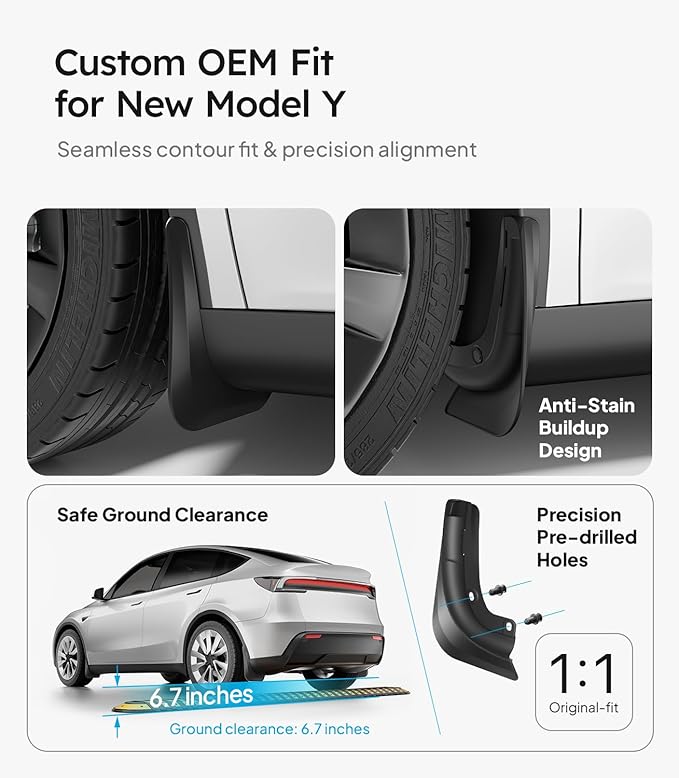 Wigoo 2026 New Tesla Model Y Juniper Accessories Mud Flaps No Drilling [Stay Clean, Protect Paint] All Weather Guards Body Kits for Tesla New Model Y 2025 2026 Juniper, Thicker Version (Set of 4)