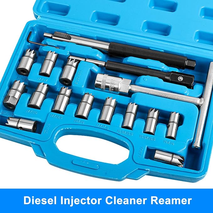 HXBER Auto Repair Tools Car Accessories,17Pcs Injector Set Seat Cutter Cleaner Disassemble Tool Kit Universal Injector Re-Face Reamer Tool Set Valve Seat Cutter Flat Reamer Repair Removal Tool