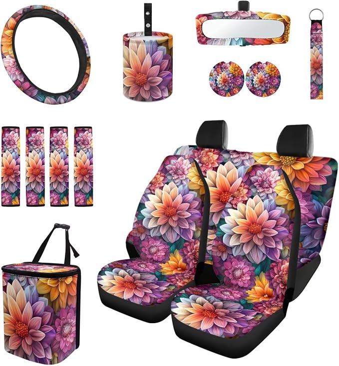 15Pcs Boho Blossoms Car Seat Cover Full Set for Women with Car Steering Wheel Cover Seat Belt Cover Trash Bin Front Rear View Mirror Car Cup Holder Keychain