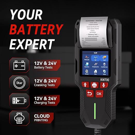 KONNWEI Car Battery Tester with Printer, 12V 24V Automotive Battery Load Tester 10-2000CCA, Cranking and Charging Test Battery Analyzer Alternator Tester for Car Truck Motorcycle (Paper Included)