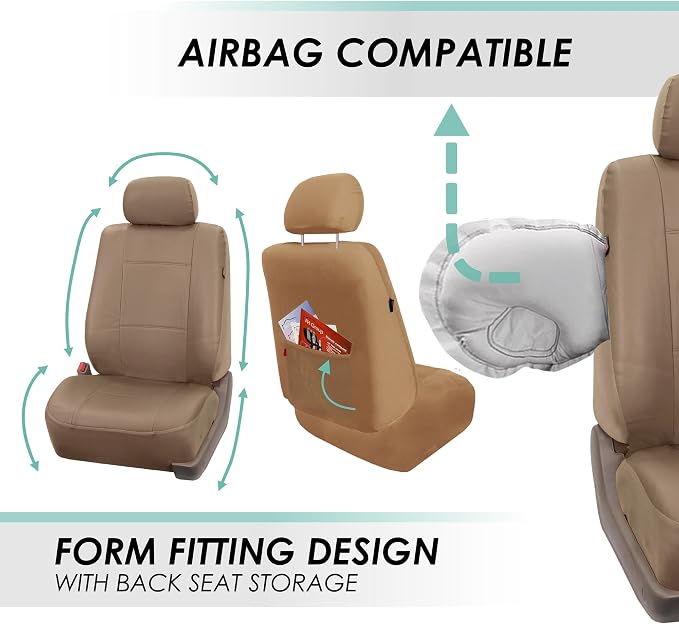 FH Group Car Seat Cover Airbag Compatible Full Set Beige Premium PU Leather - Split Bench Combo Vinyl Floor Mats Seat Covers Interior Accessories Universal Fit for Cars Trucks SUV