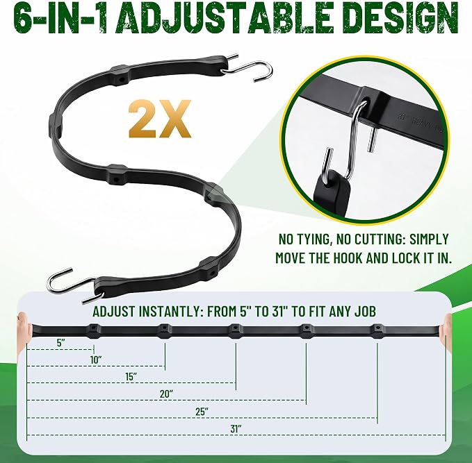 Adjustable Bungee Cords with Hooks (10 Pack) – 31" Heavy Duty EPDM Rubber Tarp Straps, 6-Way Adjustable Length, Max Stretch 2X, Load 180+ LBS, Crimped S Hooks for Cargo, Trucks, Camping