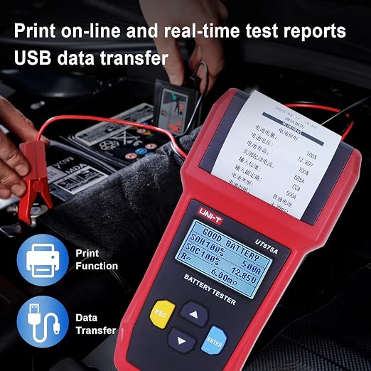 UNI-T UT675A 12V/24V Car Battery Tester with Printer, 40-2000 CCA Automotive Battery Load Tester, Battery Analyzer&Checker Alternator Tester for Car Truck Motorcycle, USB Data Transfer