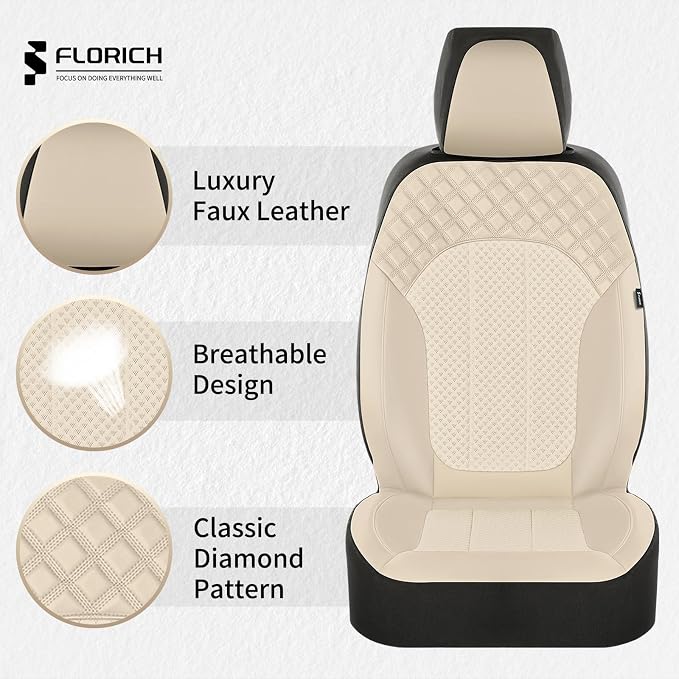 FLORICH Front Seat Covers Leather & Mesh Automotive Seat Protectors 2 Pack Breathable Car Seat Cover Spill-Proof Auto Seat Covers Cushion Universal Fit for Most Car SUV Sedan Truck, Beige