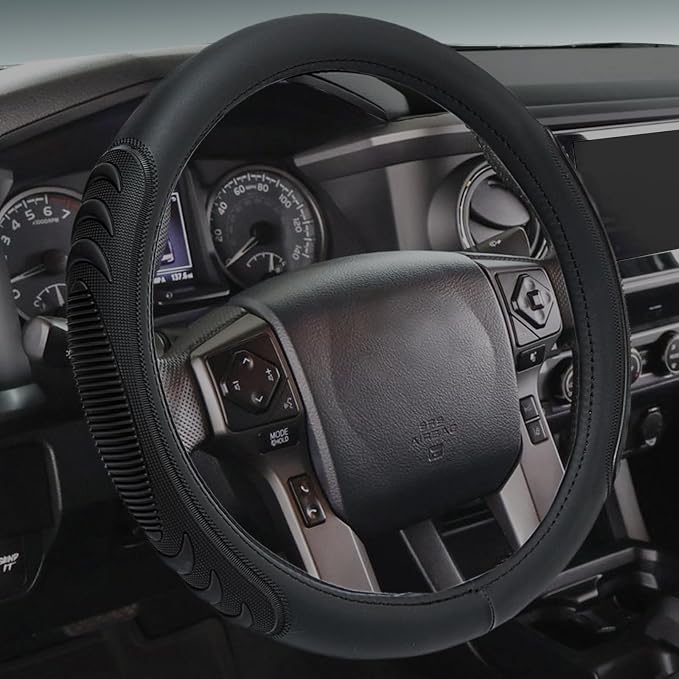 Leather Steering Wheel Cover for Toyota RAV4 Corolla Camry Highlander, 14.5-15 inches Car Steering Wheel Cover with Non-Slip Breathable (Black)