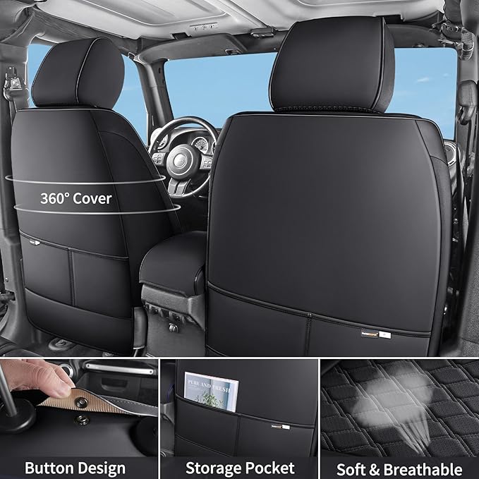 Huidasource Wrangler Seat Covers Fullset 2007-2017, Custom Fit Seat Cushion Cover for Jeep Wrangler Unlimited Rubicon Sahara Sport Leather High Altitude Willys, Airbag Compatible (Full Set/Black)
