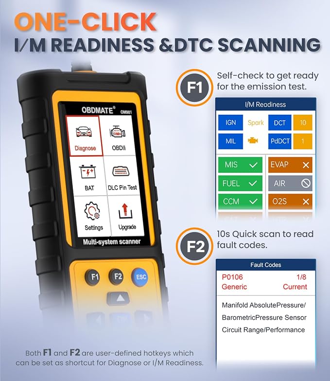OBD2 Scanner with ABS SRS Transmission, Reset Fault Lights | Check Engine Code Reader with Full OBDII Functions | DLC Pin Test | Battery Voltage Check, Car Diagnostic Tool