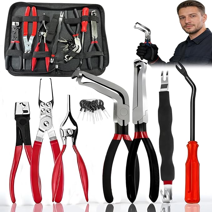 Electrical Disconnect Pliers Kit, 8Pcs Auto Kit: Connector/Hose/Plug Pliers, Pin Remover, Separator, Spring Clamp, U-Clip Pry Bar & Hose Removers for Car & Home Repairs. Great Gift & DIYers w/Case