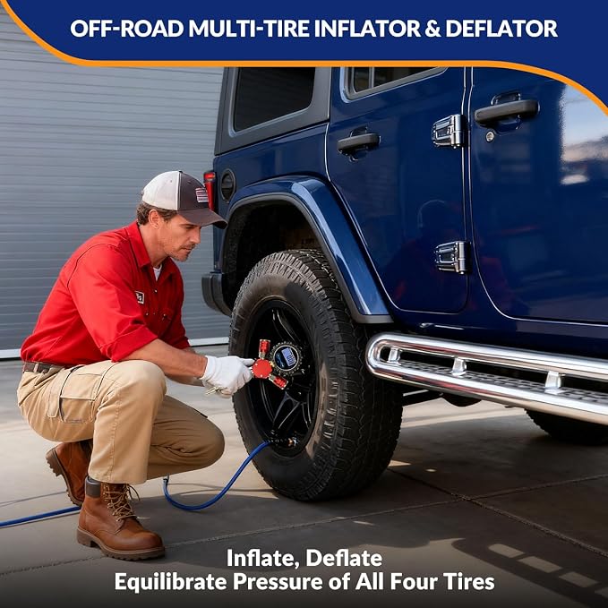 MILADO 4 Way Tire Inflator, 4 Tire Inflation Deflation System, 4 Tire Air Up Down System, Off Road Tire Inflator with Gauge, Air Down Tire Deflators Kit for Trucks Jeeps Fits Up to 125" Wheelbase