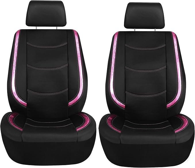 FH Group Galaxy13 Metallic Striped Deluxe Leatherette Car Seat Covers with Matching Carpet Floor Mats – Full Set, Universal Fit, Airbag Compatible for Cars, SUVs & Sedans, Pink