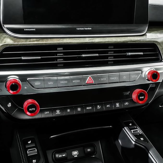 5PCS Aluminum Car Drive Mode Gear Shift Switch Cover,Radio Audio Volume Adjustment Knob Cover,AC Switch Button Knob Cover Compatible with Kia Telluride 2020-2024 Accessories (Red)