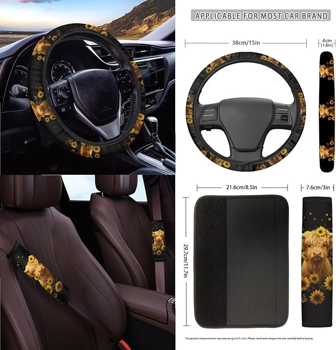 Wanyint Car Seat Cover Set 15 PCS, with Steering Wheel Seat Belt Strap Rear View Mirror Cover Trash Can Cup Coaster Keychain Air Vent Storage Bag Universal Fit, Sunflower Highland Cow Black