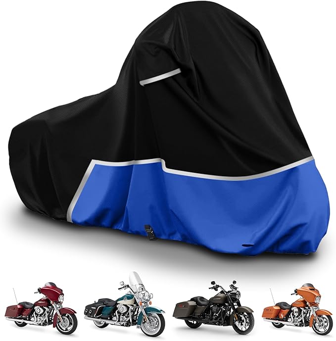 Waterproof Motorcycle Cover Compatible with Harley Davidson Electra Glide/Road King/Street Glide/CVO Road Touring Without Trunk Models, 420D Oxford Cloth Cover for Snow Rain Dust Protection