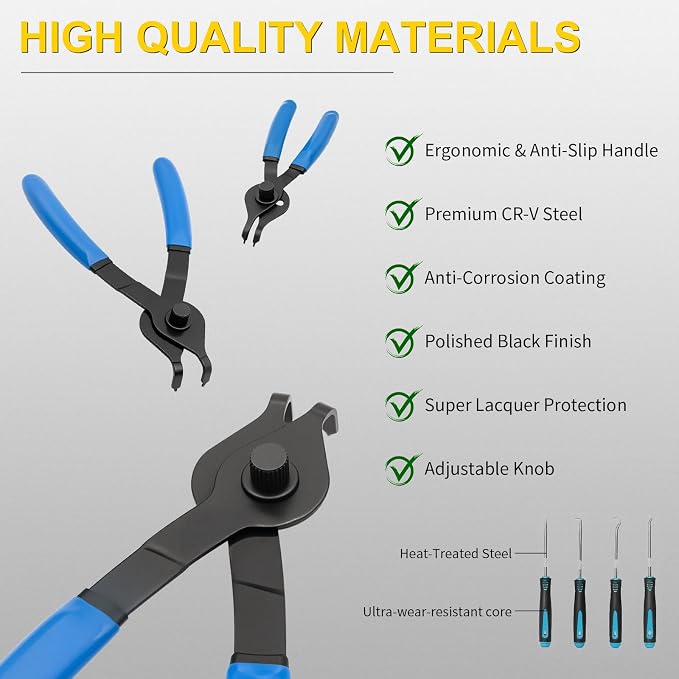 12PCS Versatile Snap Ring Pliers Set with 4PCS Pick Tool, Internal/External Retaining Ring Pliers with 4 Tip Sizes (0.038/0.047/0.070/0.090in) for Circlip Removal, Automotive & Machinery