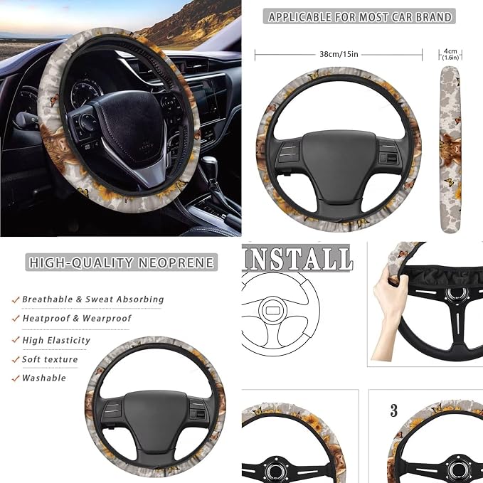 Highland Cow Printed Car Seat Covers with Steering Wheel Cover 4 Pack Seatbelt Pads Sunflower Print Auto Seat Protector Universal Fit Most Vehicles, Auto Accessories, Brown