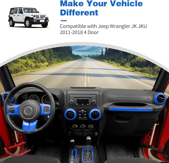 CheroCar 18PCS Interior Trim Kit for Jeep Wrangler JK JKU 2011-2018 4 Door,Steering Button Frame, Air Conditioning Vent Trim Cup Holder Cover,Gear Shift Knobs Frame,Blue…
