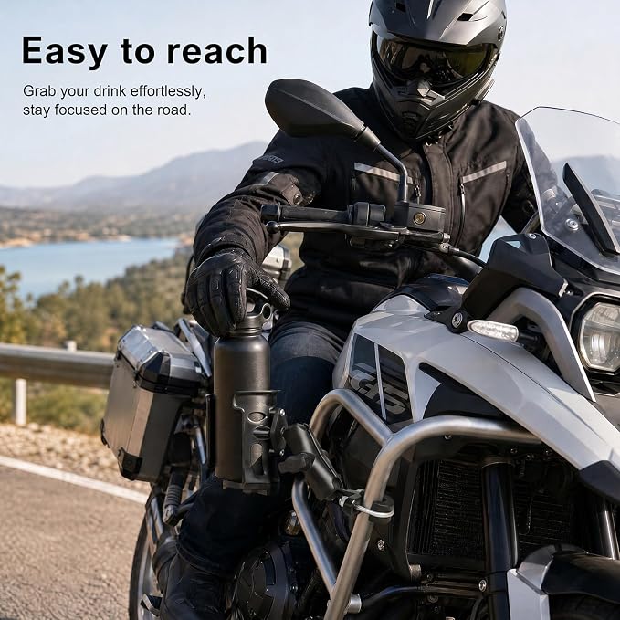 Heavy Duty Motorcycle Cup Holder, Metal Handlebar Mount for Harley Bike ATV | Dual 360° swivel keeps drink level. Fits 0.5-1.3" bars & 2.36-3.54" water bottles. Non-slip, holds up to 32oz. Durable alloy.