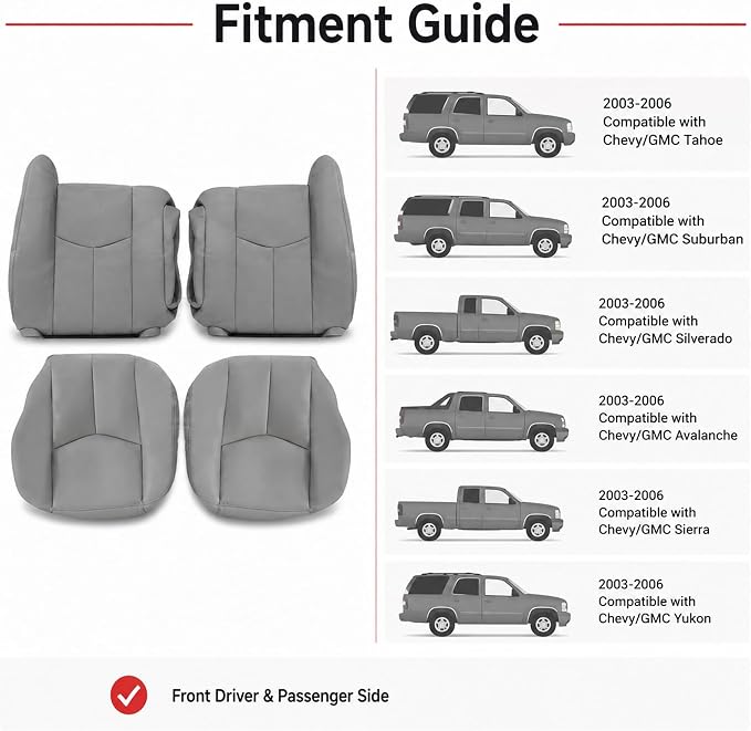 4PCS Driver & Passenger Bottom & Top Lean Back Leather Seat Covers Light Gray #922 or 92i Compatible with Chevy Silverado Suburban Avalanche GMC Sierra Tahoe Yukon 2003 2004 2005 2006