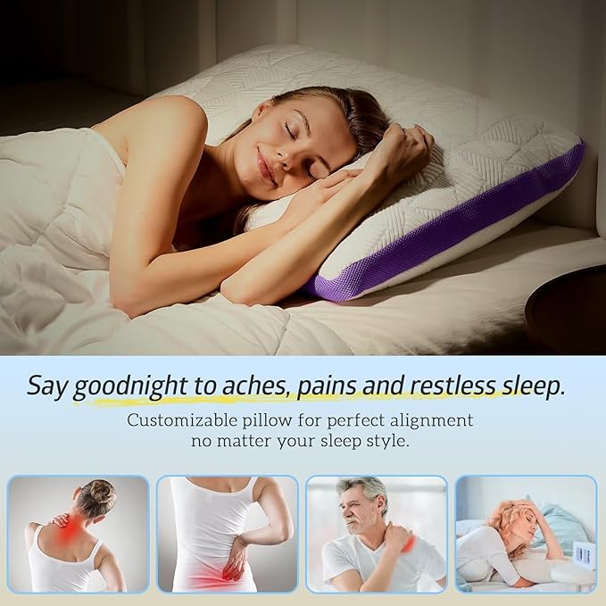 BETU Cooling Pillows Queen Size Set of 2, Shredded Memory Foam Pillows Cool for Hot Sleepers, Adjustable Firm Soft Support Bed Pillow Perfect for Back Neck Pain and Side Sleeping with Cover, Purple