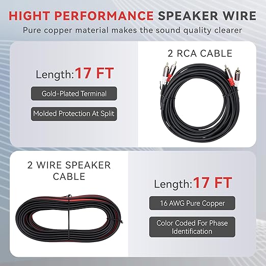 8 Gauge Complete Car Amplifier Installation Wiring Kit, Premium CCA Automotive Audio Systems Cable with OFC 2-Channel RCA Cable & Full Accessories, Brings Power to Radio, Subwoofer and Speaker, DIY