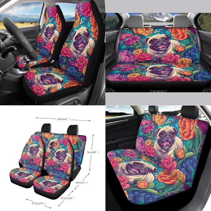 Pug Floral Print Car Accessories Full Set of 15 Car Seat Covers Steering Wheel Cover Air Vent Storage Holder Seatbelt Strap Pad Cup Coasters Rear View Mirror Cover Keychain