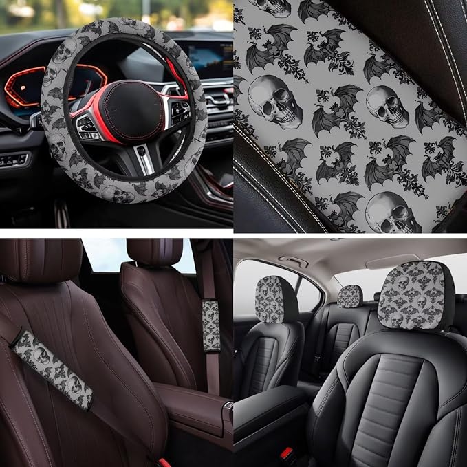 Bulopur Gothic Skull Bat Print Car Seat Covers Front and Backseat with Steering Wheel Cover Vehicle Armrest Cover Seat Headrest Covers Keychain Auto Interior Accessories Set 14 Pieces