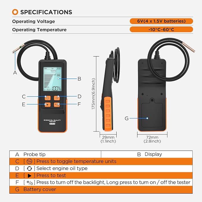 Engine Oil Tester Gasoline & Diesel Engine Oil Quality Tester, 50-Inch Extended Probe Engine Oil Analyzer with 2.8" LCD, Fast Respons for Vehicles Motorcycle