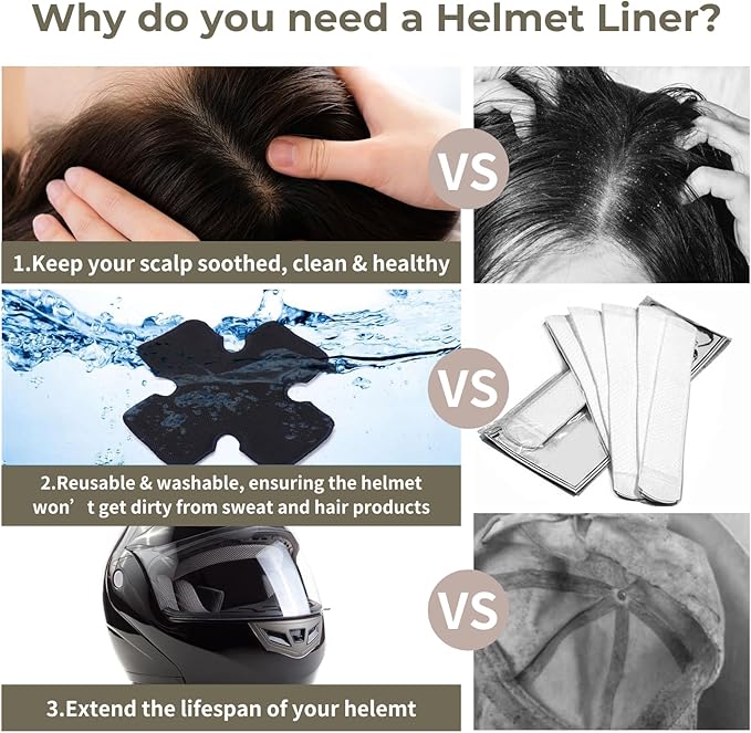 Motorcycle Helmet Liner – Anti-Sweat, Cooling & Reusable. Absorbs Sweat, Prevents Odor & Stains. Easy Hook & Loop Fit for Helmets: Skateboard, Hockey & Bike