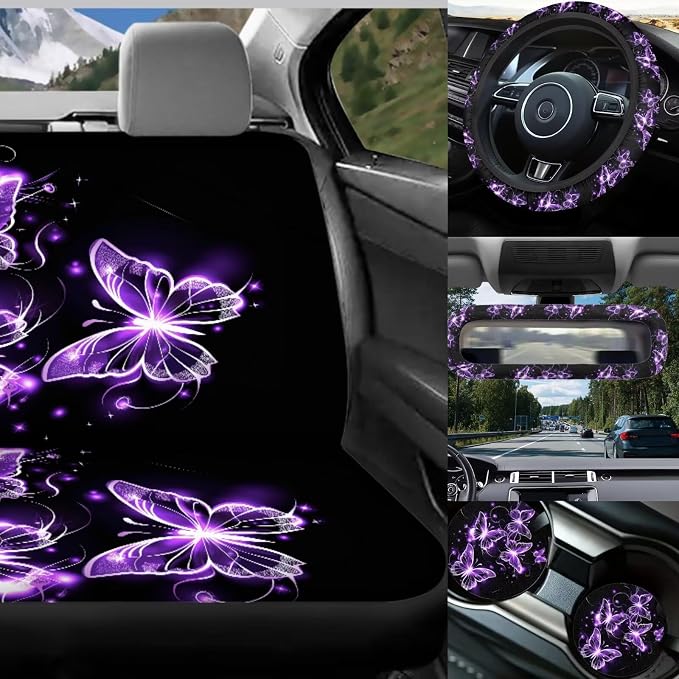 Purple Butterfly Car Seat Covers Full Set for Women Butterflies Car Accessories Set 17 Pieces with Purple Auto Head Rest Covers,Car Trash Can with Lid,Seat Belt Cushion,Universal Fit Most Car