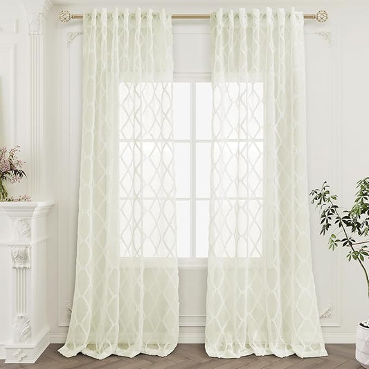 Cream Sheer Curtains 108 Inches Long 2 Panels Rod Pocket Back Tab Top Elegant Ivory Drapes for Bedroom Light Filtering Privacy Window Treatment Extra Long Embroidered Sheer Curtains for Living Room