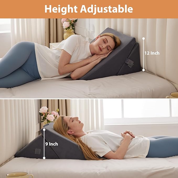 BIEEZZK Wedge Pillow, Adjustable Back Pillow for Sleeping, 9&12“ Bed Wedge Pillow Set for After Surgery, Triangle Memory Foam Pillow Wedges for Headboard, Acid Reflux, Snoring, GERD, Grey