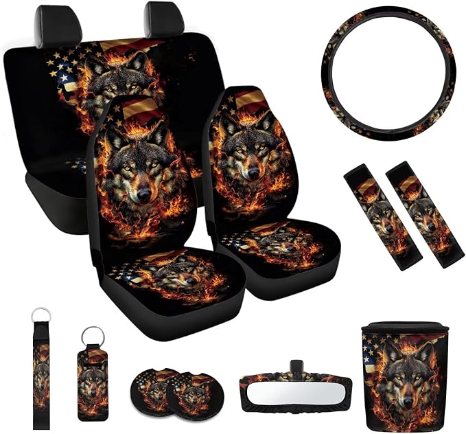 Flag Wolf Car Seat Covers Set of 12 Steering Wheel Cover Seat Belt Pads Car Trash Can Car Keychain Holder Chapstick Holder Suitable for Cars, SUV and Trucks in All Seasons