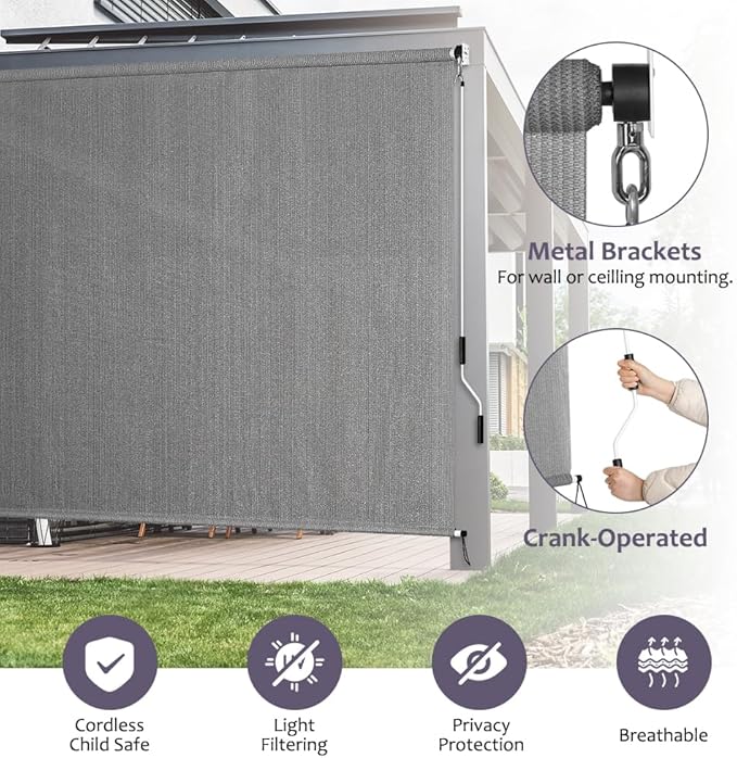 KELIXU Patio Shades Roll Up Outdoor Blind, 6' W x 6' H Cordless Sun Shade Privacy Screen with 90% UV Protection Exterior Roller Shade Cloth for Porch Pergola Backyard Windows Balcony, Gray