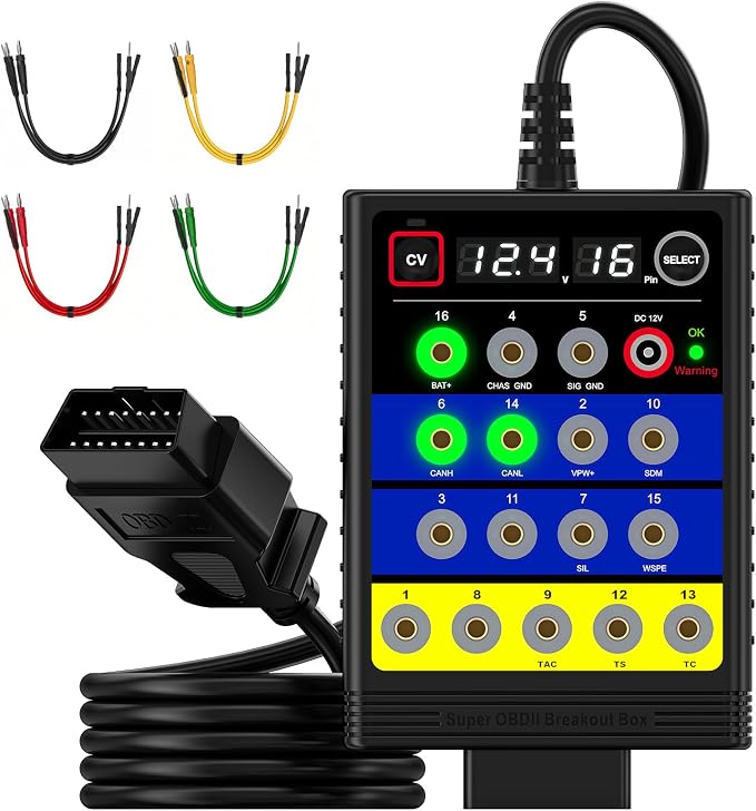 ELMCONFIG Super OBD2 Breakout Box, 16 Pin Automotive Diagnostic Tool, Voltage Constant Tool with Short Circuit Protection, Automotive Circuit Tester with 12 Extension Cables for ECU Bench Testing