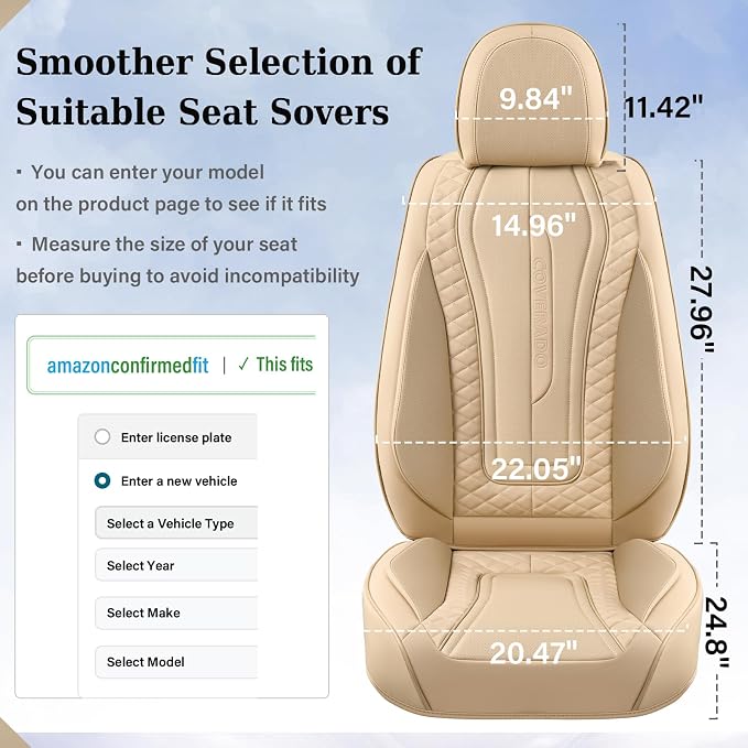 Coverado Car Seat Covers for Front Seat, Leather Seat Covers for Cars, Front Seat Covers, Waterproof Car Seat Protectors Car Seat Cushions Universal for Most Vehicles, Beige