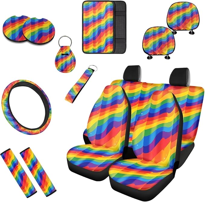 13 PCS Rainbow Flag Ripple Car Seat Covers, Colorful Ripples Polyester Fabric Front Seat Rear Cover, LGBT Gay Pride Auto Armrest Cover Headrest Cover Keychain