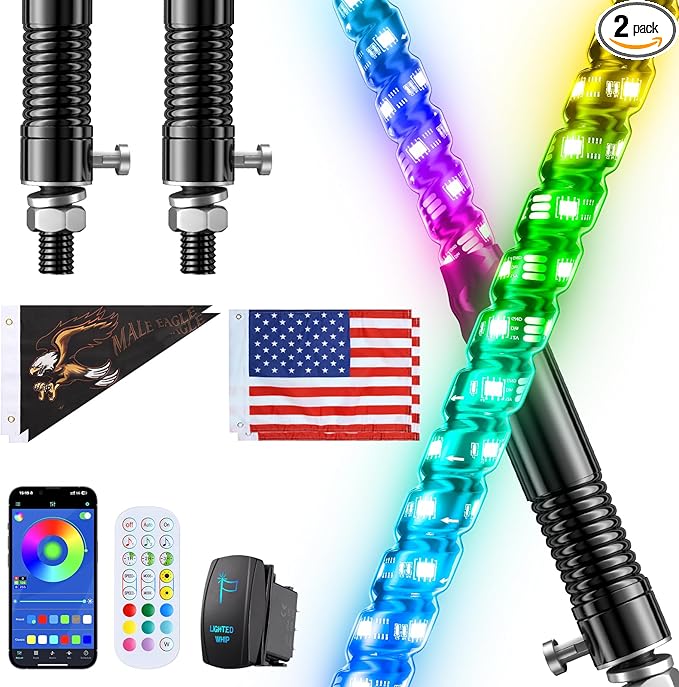Ehaho 2 PCS 3FT Whip Lights with Spring Base, APP & Remote Control Led Whip Lights for Side by Side, Spiral RGB Chasing Lighted Whips with Rocker Switch, Music Led Whips for UTV ATV RZR SXS Can-Am