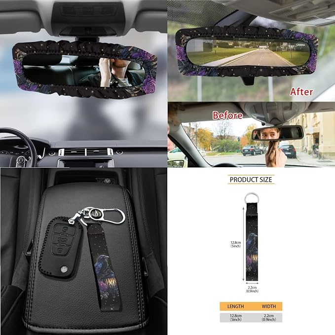 Crow Moon Rose Lantern Pattern 15 Pieces Car Seat Cover Steering Wheel Cover, Seat Belt Strap Wrap Cover Car Trash Can Cup Holders Keychain Air Vent Bag for Truck Vans Sedans
