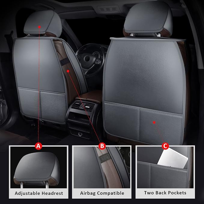 MIROZO Car Seat Covers Full Set - Leather Seat Covers Grey Breathable Vehicle Cushion Cover Fit for Most Sedan, Truck and SUV (Gray)