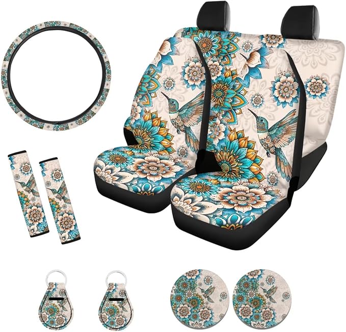 Xoenoiee Hummingbird and Boho Mandala Pattern Car Seat Cover Full Set with Steering Wheel Cover, Seat Belt Cover, Coasters, Key Chains for Cars SUV, Universal Auto Accessories - 11 Pack