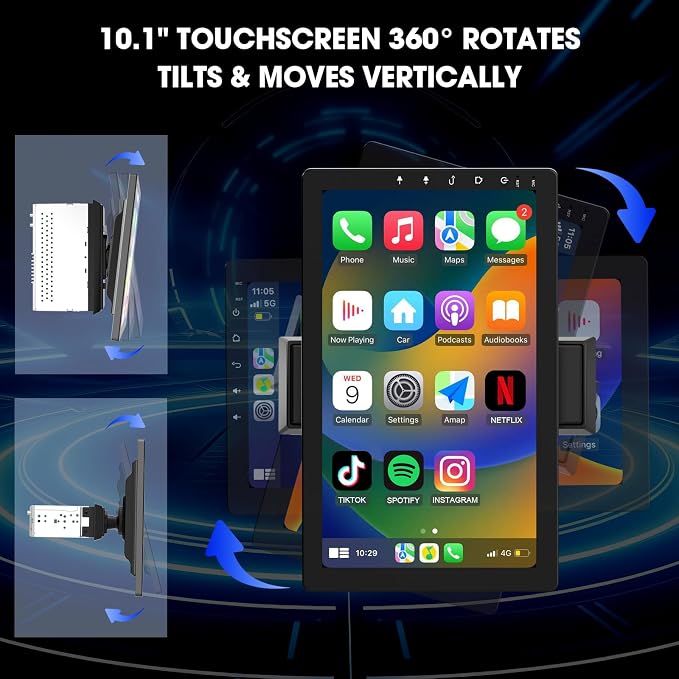 10.1 Inch Rotatable Carplay Screen for Car and Android Auto,Single Din Car Stereo with 720P Backup Camera,Touch Screen GPS Navigation,Bluetooth,Voice Control