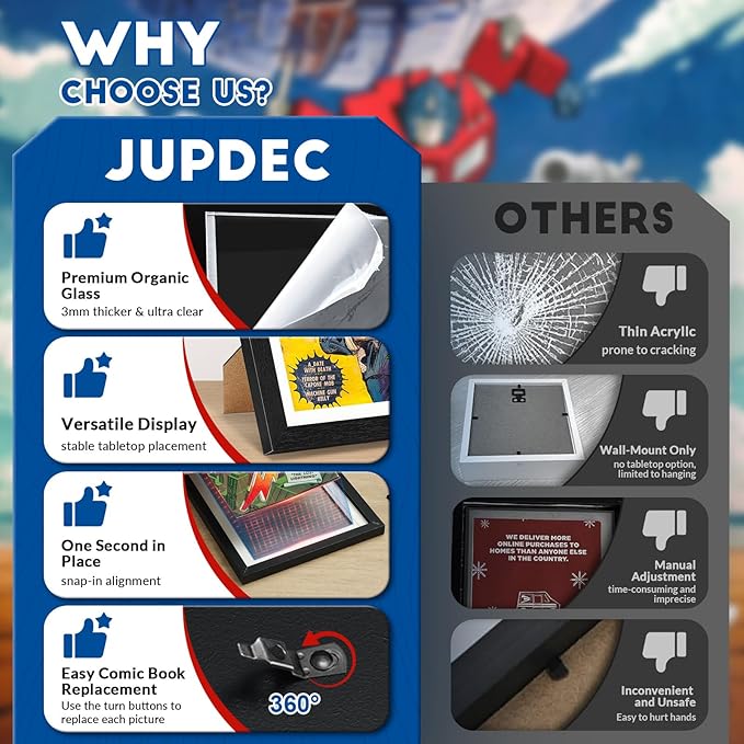 JupDec Comic Book Frame, Premium Wood Display Case for 6 11/16" × 10 3/16" Comic, Wall Mount or Tabletop Stand, Layered Design with Positioning Mat, Perfect for Home Decor, 4 Pack, White