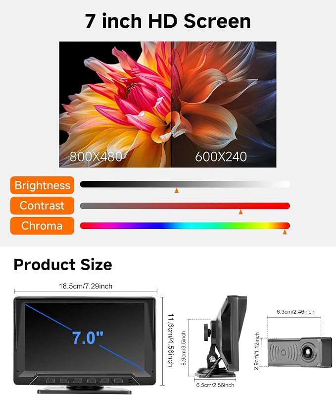 7" Wired Backup Camera System with Radar Ranging, 1080P IR Night Vision, IP68 Waterproof, Super Wide Angle, Intelligent Reverse Lines, HD Touch Key Monitor for Trailer Camper Truck SUV RV Van
